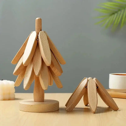 Kitchen Trivet Wooden Heat Resistant Folding Tree Design Set