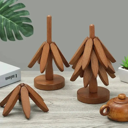 Kitchen Trivet Wooden Heat Resistant Folding Tree Design Set