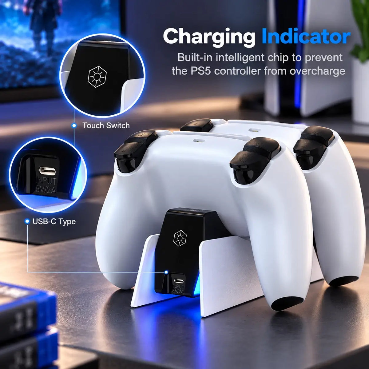 PS5 Dual Controller Charging Dock with LED Indicator