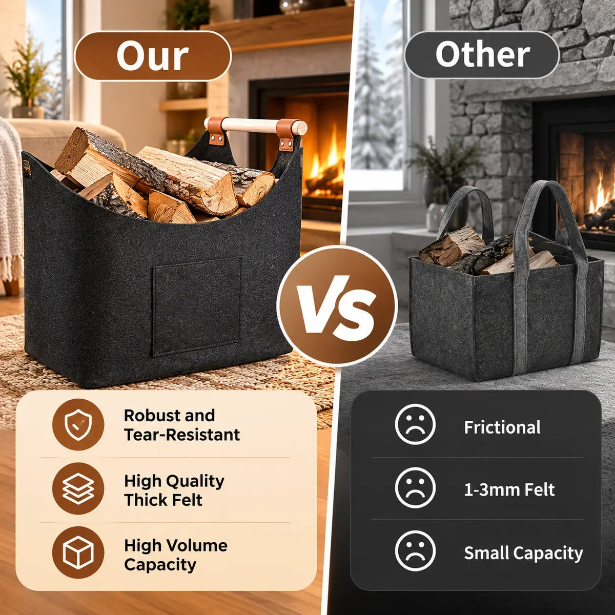 Firewood Carrier Leather Handles Felt Storage Bag
