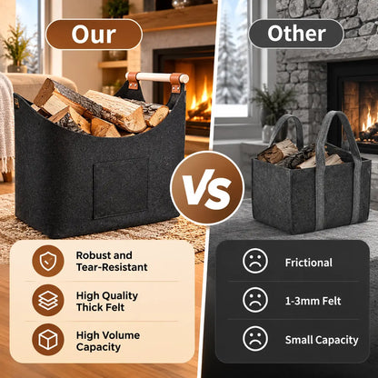 Firewood Carrier Leather Handles Felt Storage Bag