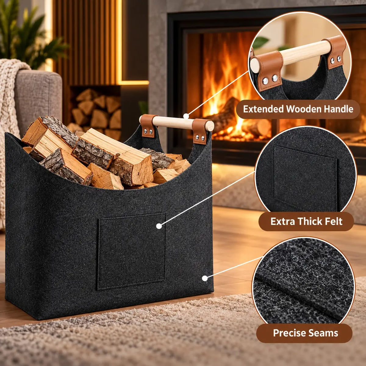 Firewood Carrier Leather Handles Felt Storage Bag
