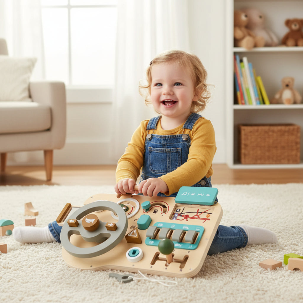 Wooden Steering Wheel Toy Toddlers Imaginative Play Fun - Image 1