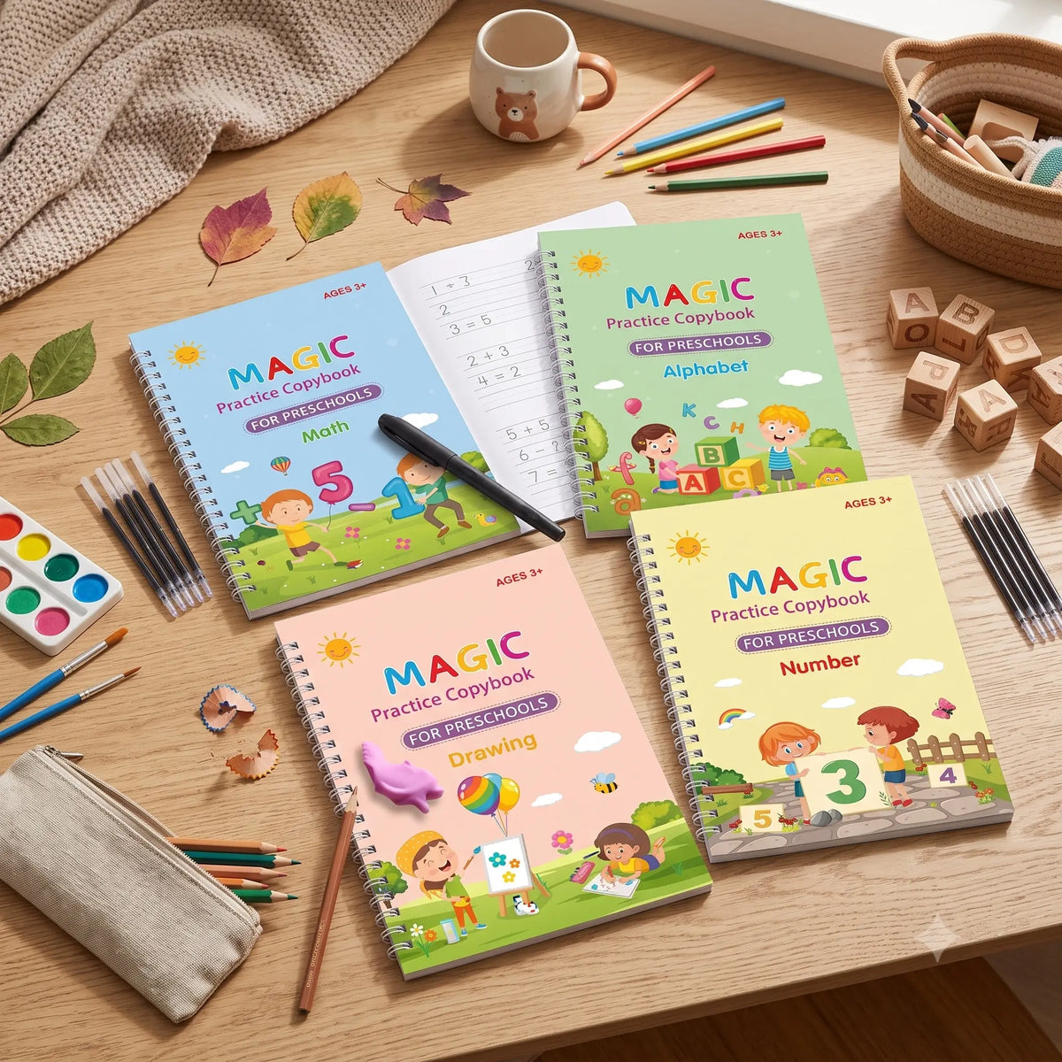 4 Books - Practice Copybook Alphabet Number Drawing Math Workbook