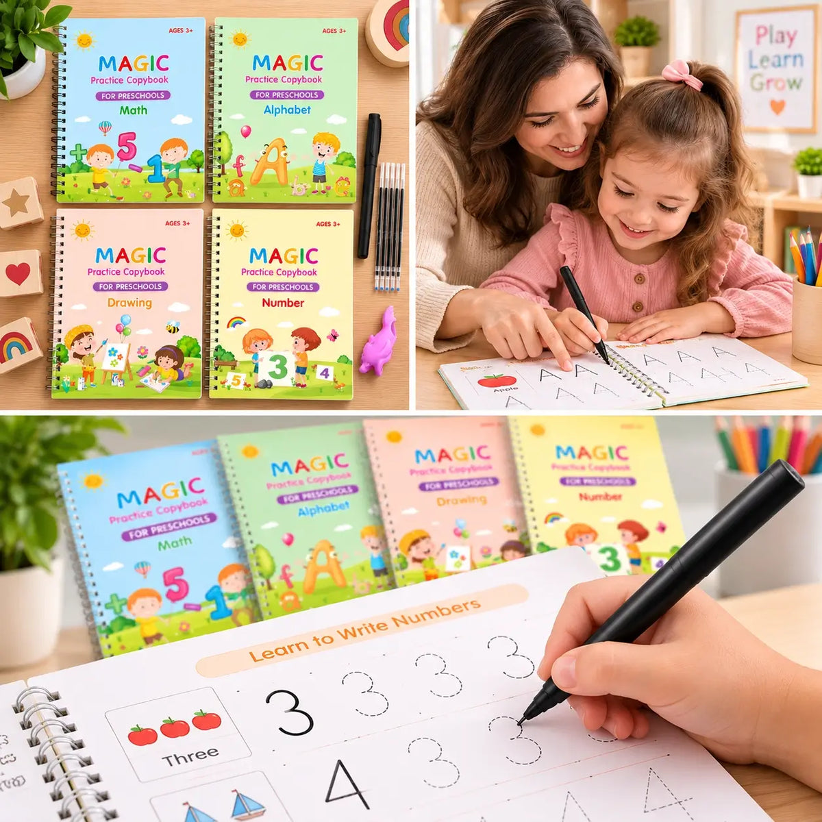 4 Books - Practice Copybook Alphabet Number Drawing Math Workbook